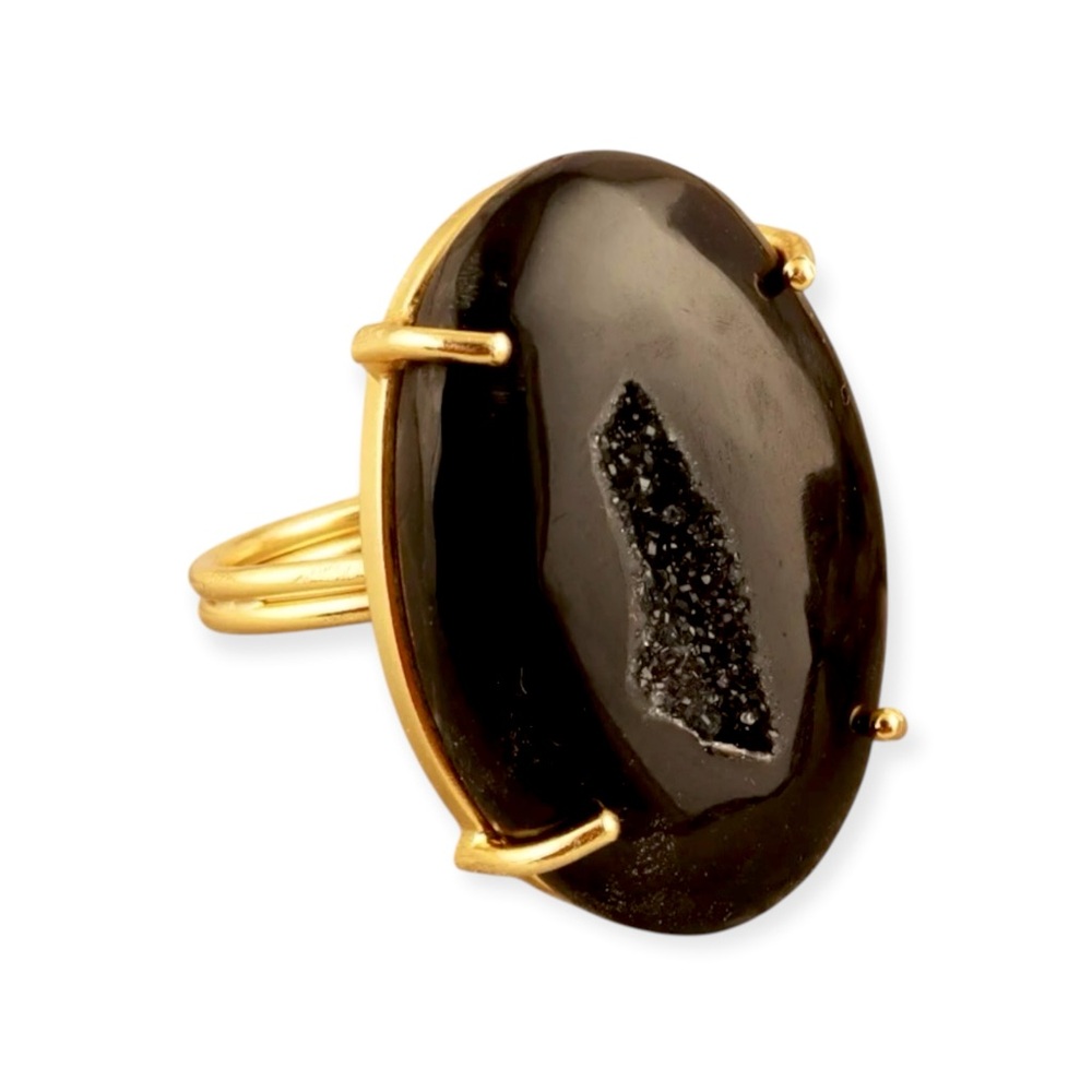 Blackโ Window Druzy Statement Ring in a Gold Setting, Adjustable 7.5- 9